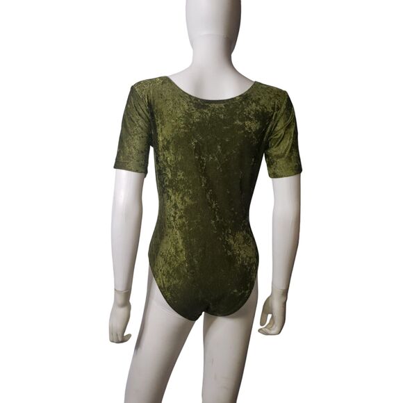HAPPY LEGS Olive Green Short Sleeve Velour BodySuit Womens Size Small NEW - Picture 2 of 7